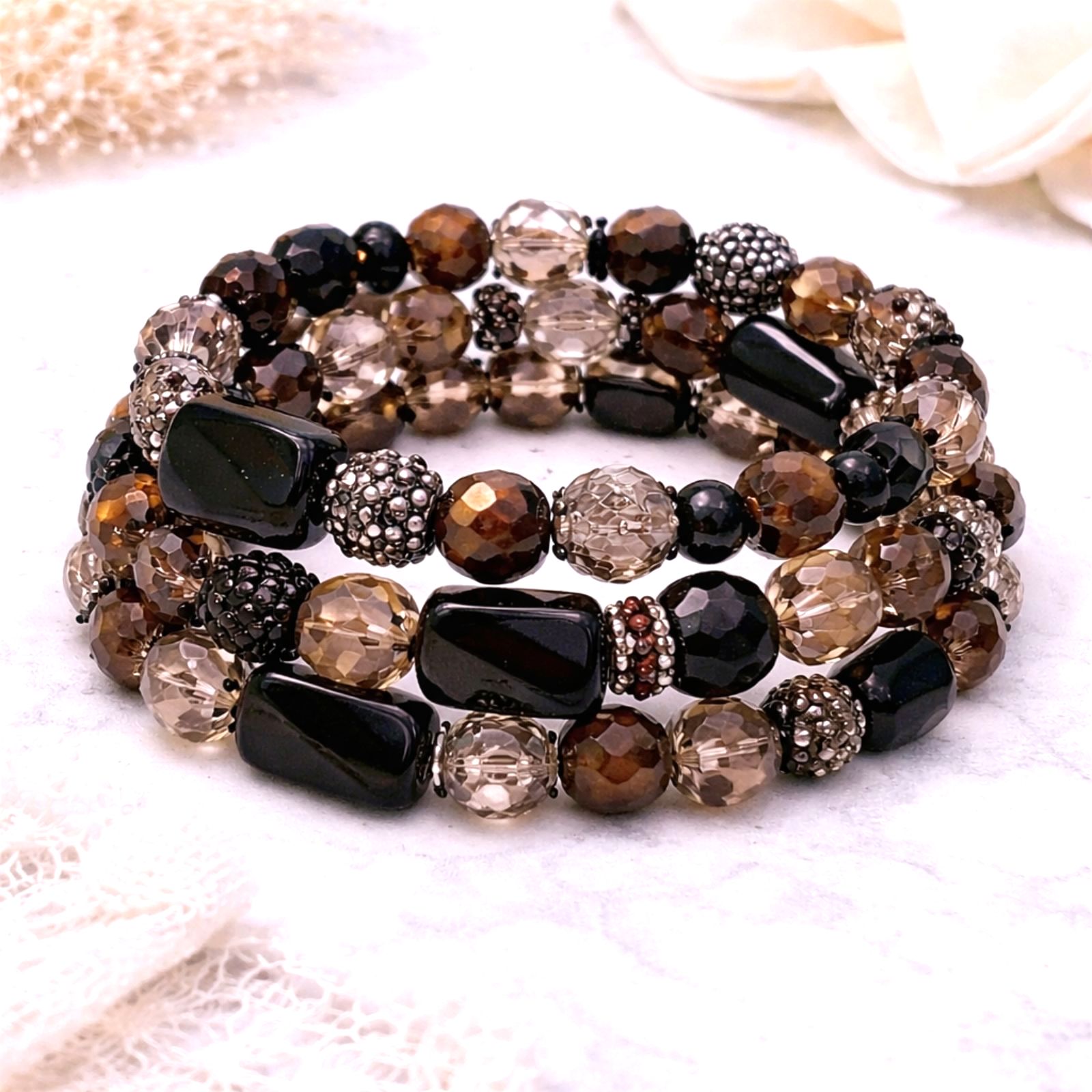 Set Of Three Cookie Lee Nwt Black And Smokey Beaded Stretch Bracelets 10$